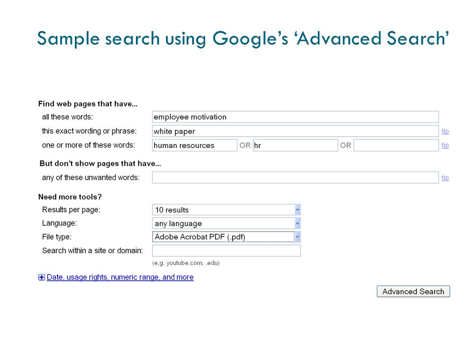 Sample search using Google’s ‘Advanced Search’