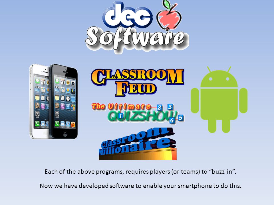 The purpose of this PowerPoint presentation, is to help the user make the connection between a SmartPhone (iPhone or Droid) and software games written by DEC Software.
