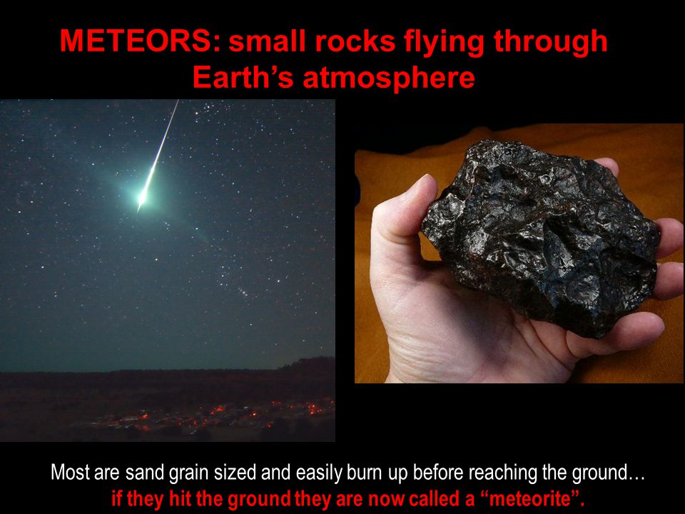 METEORS: small rocks flying through Earth’s atmosphere Most are sand grain sized and easily burn up before reaching the ground… if they hit the ground they are now called a meteorite .