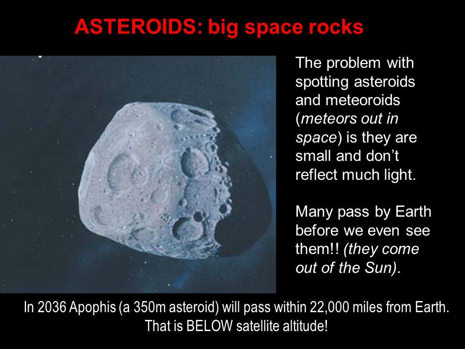 ASTEROIDS: big space rocks In 2036 Apophis (a 350m asteroid) will pass within 22,000 miles from Earth.
