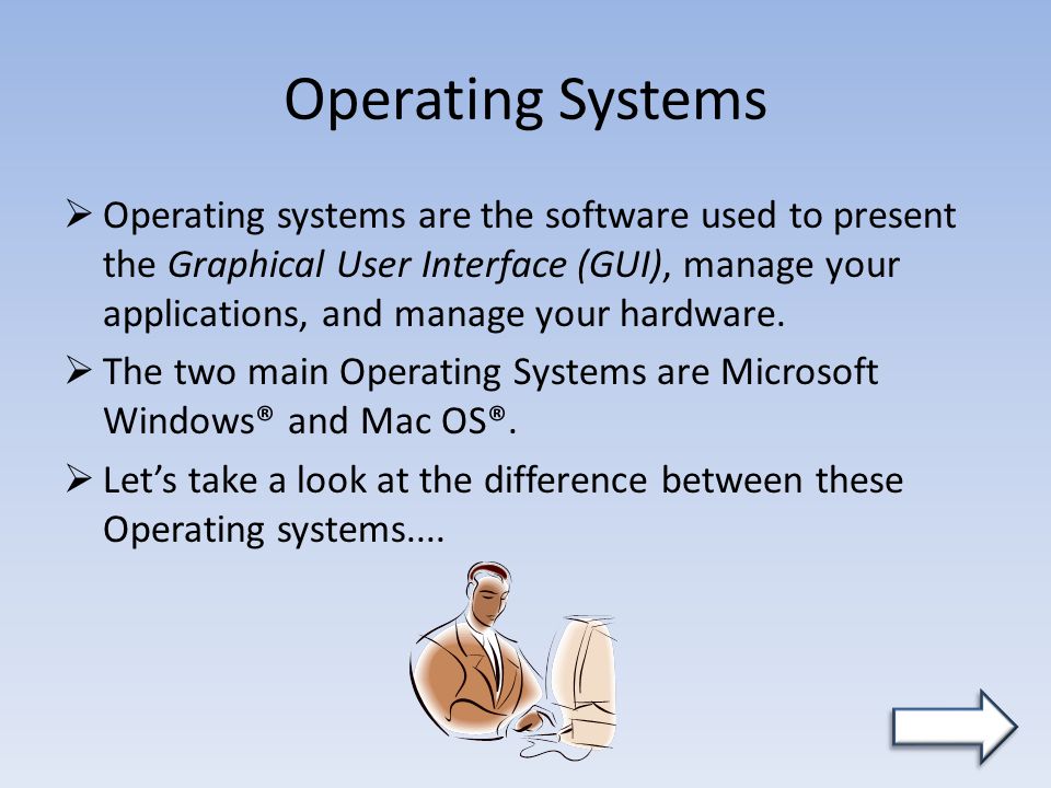 Operating Systems  Operating systems are the software used to present the Graphical User Interface (GUI), manage your applications, and manage your hardware.