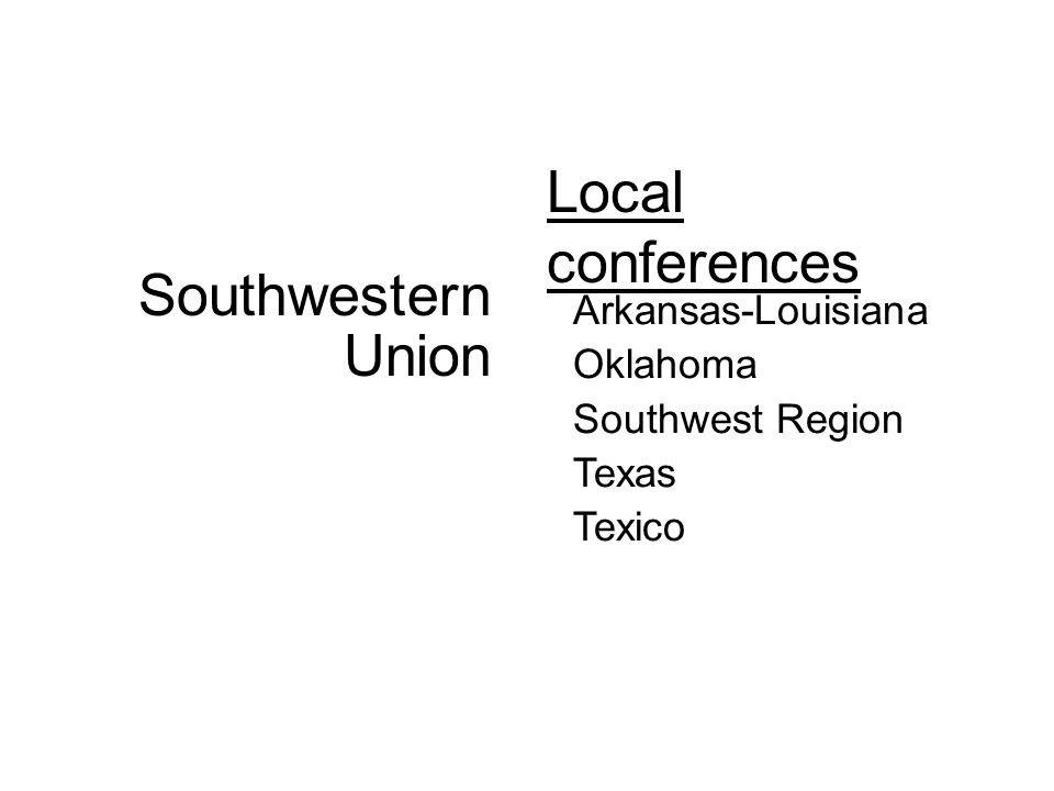 Local conferences Arkansas-Louisiana Oklahoma Southwest Region Texas Texico Southwestern Union