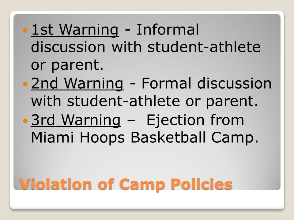 Violation of Camp Policies 1st Warning - Informal discussion with student-athlete or parent.