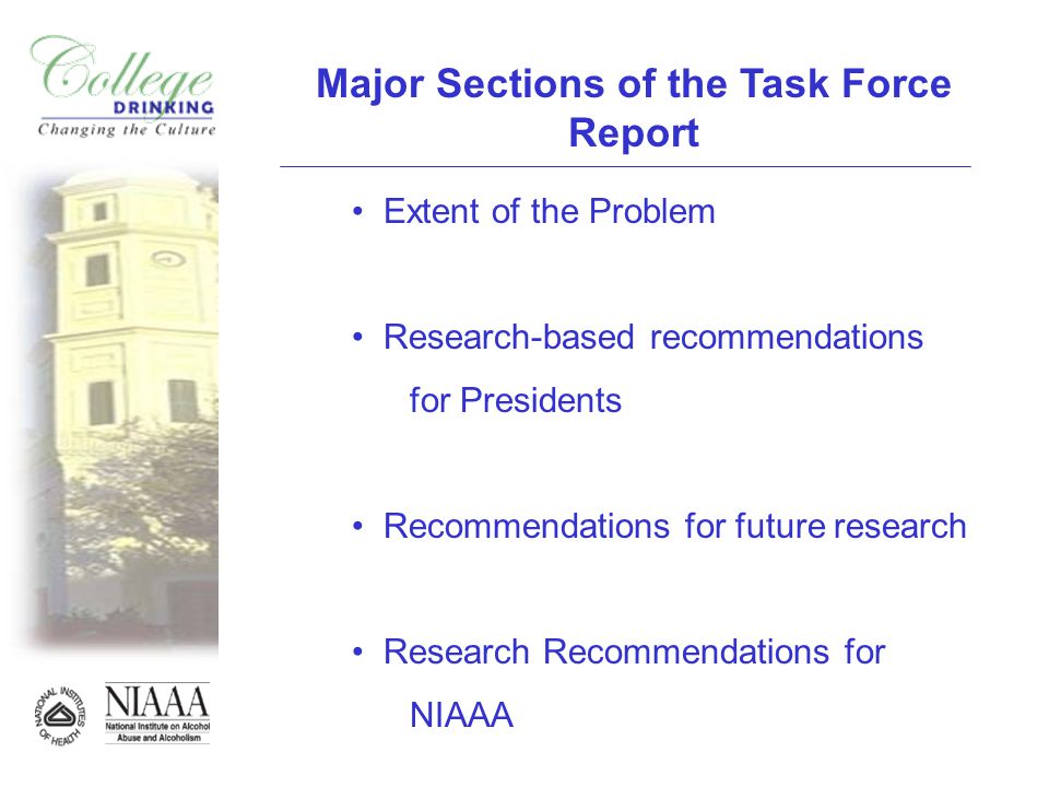 Major Sections of the Task Force Report Extent of the Problem Research-based recommendations for Presidents Recommendations for future research Research Recommendations for NIAAA