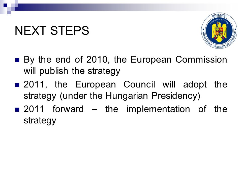 NEXT STEPS By the end of 2010, the European Commission will publish the strategy 2011, the European Council will adopt the strategy (under the Hungarian Presidency) 2011 forward – the implementation of the strategy