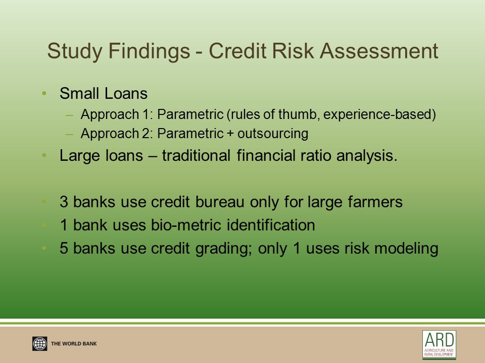 Study Findings - Credit Risk Assessment Small Loans –Approach 1: Parametric (rules of thumb, experience-based) –Approach 2: Parametric + outsourcing Large loans – traditional financial ratio analysis.