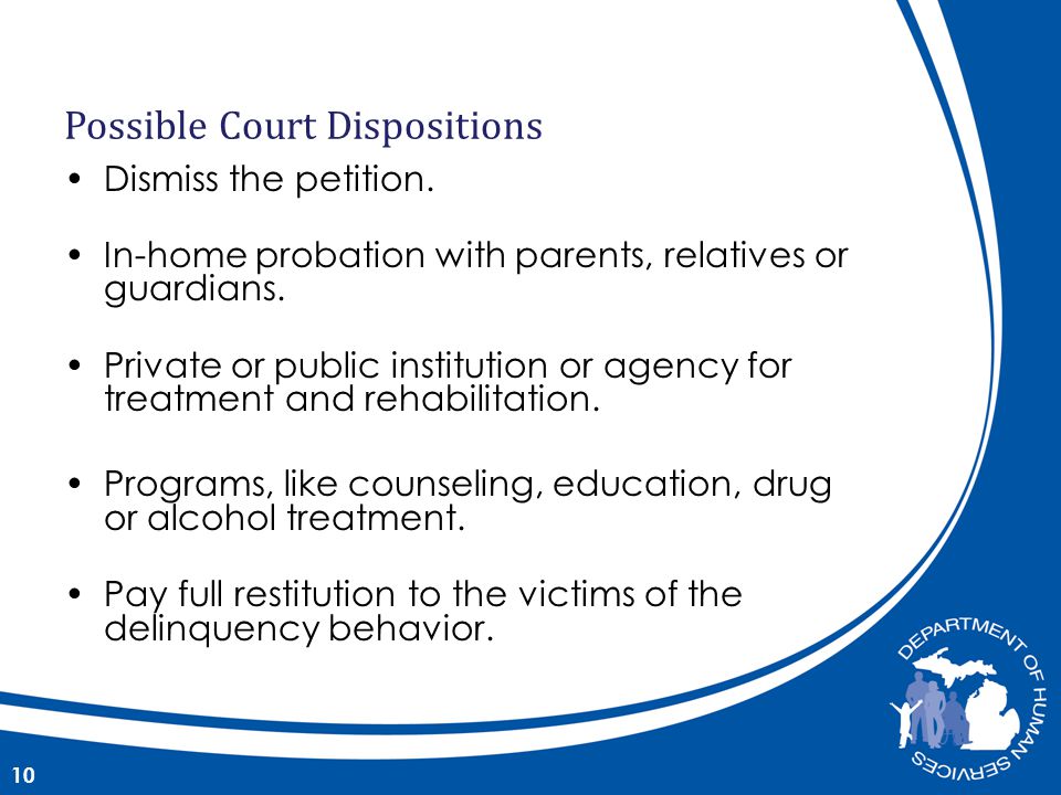 Dismiss the petition. In-home probation with parents, relatives or guardians.