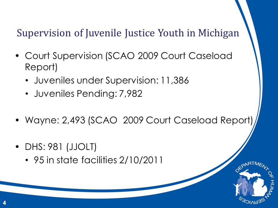 Court Supervision (SCAO 2009 Court Caseload Report) Juveniles under Supervision: 11,386 Juveniles Pending: 7,982 Wayne: 2,493 (SCAO 2009 Court Caseload Report) DHS: 981 (JJOLT) 95 in state facilities 2/10/ Supervision of Juvenile Justice Youth in Michigan