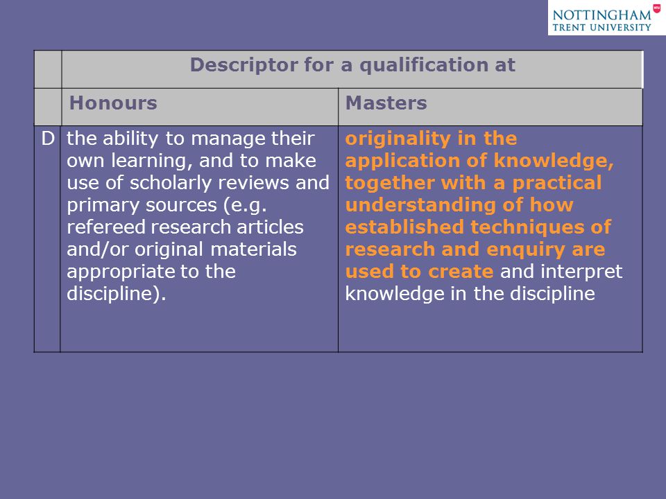 Dthe ability to manage their own learning, and to make use of scholarly reviews and primary sources (e.g.