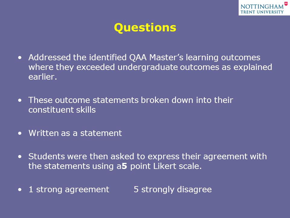 Questions Addressed the identified QAA Master’s learning outcomes where they exceeded undergraduate outcomes as explained earlier.