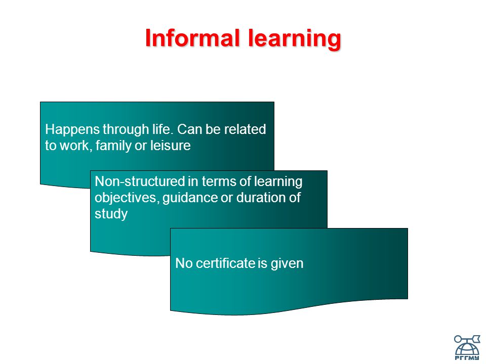 Informal learning Happens through life.