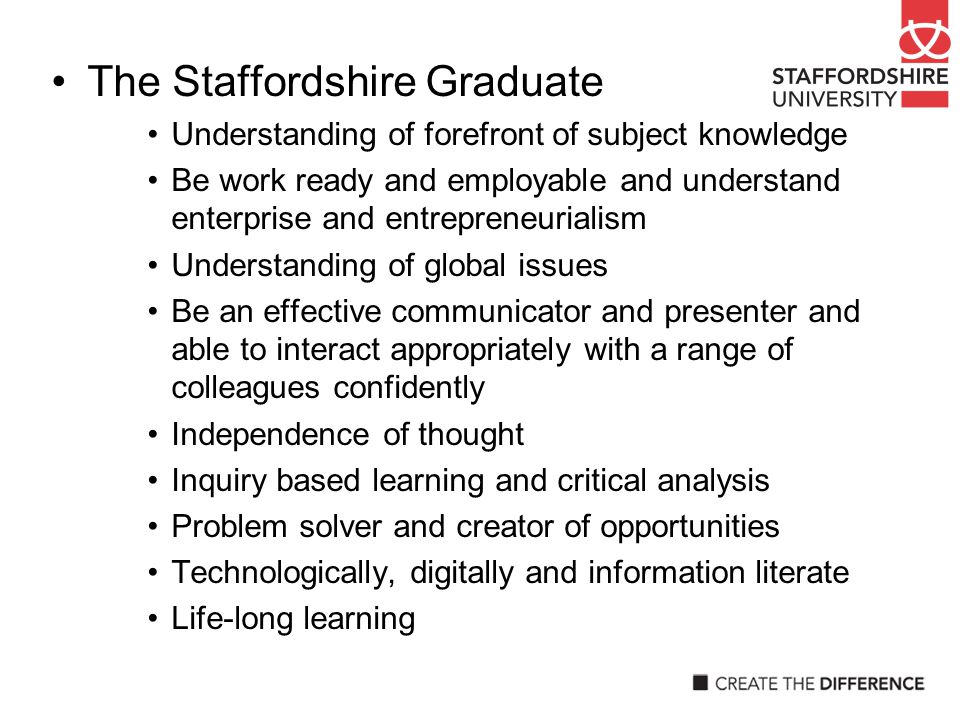 The Staffordshire Graduate Understanding of forefront of subject knowledge Be work ready and employable and understand enterprise and entrepreneurialism Understanding of global issues Be an effective communicator and presenter and able to interact appropriately with a range of colleagues confidently Independence of thought Inquiry based learning and critical analysis Problem solver and creator of opportunities Technologically, digitally and information literate Life-long learning