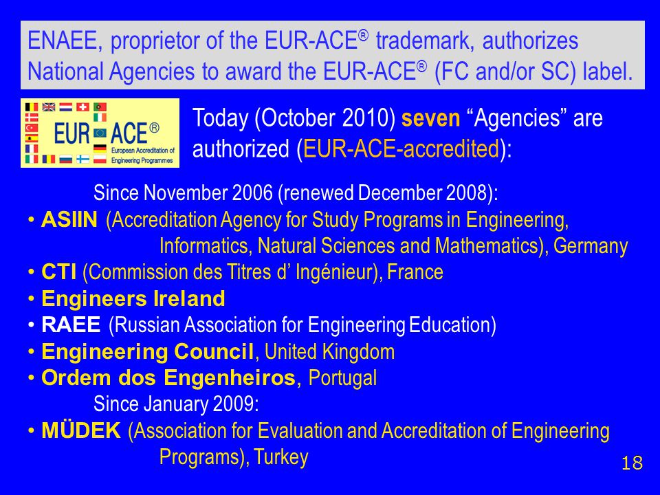 Today (October 2010) seven Agencies are authorized (EUR-ACE-accredited): ENAEE, proprietor of the EUR-ACE ® trademark, authorizes National Agencies to award the EUR-ACE ® (FC and/or SC) label.