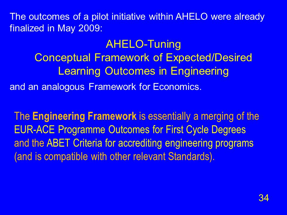 The outcomes of a pilot initiative within AHELO were already finalized in May 2009: AHELO-Tuning Conceptual Framework of Expected/Desired Learning Outcomes in Engineering and an analogous Framework for Economics.