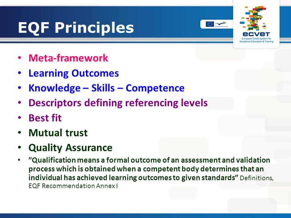 EQF Principles Meta-framework Learning Outcomes Knowledge – Skills – Competence Descriptors defining referencing levels Best fit Mutual trust Quality Assurance Qualification means a formal outcome of an assessment and validation process which is obtained when a competent body determines that an individual has achieved learning outcomes to given standards Definitions, EQF Recommendation Annex I
