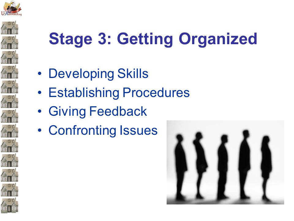 Stage 3: Getting Organized Developing Skills Establishing Procedures Giving Feedback Confronting Issues