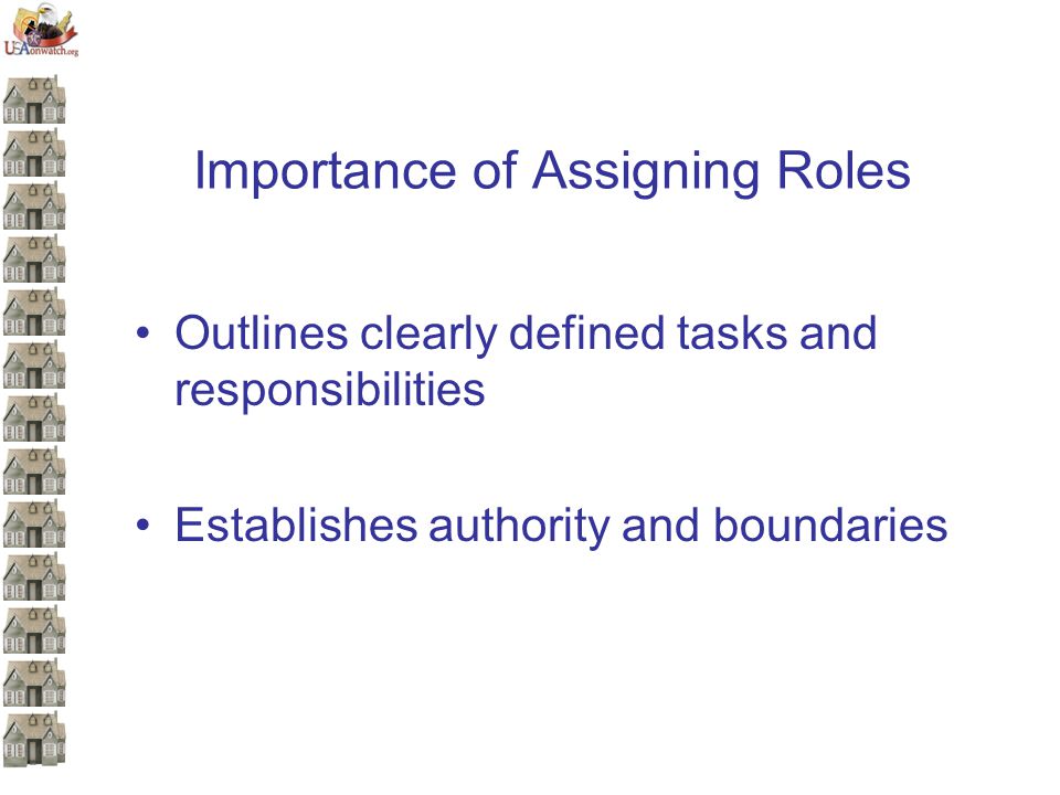 Importance of Assigning Roles Outlines clearly defined tasks and responsibilities Establishes authority and boundaries