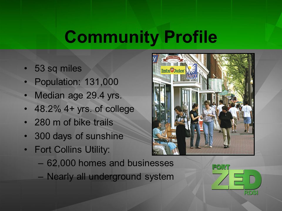 Community Profile 53 sq miles Population: 131,000 Median age 29.4 yrs.