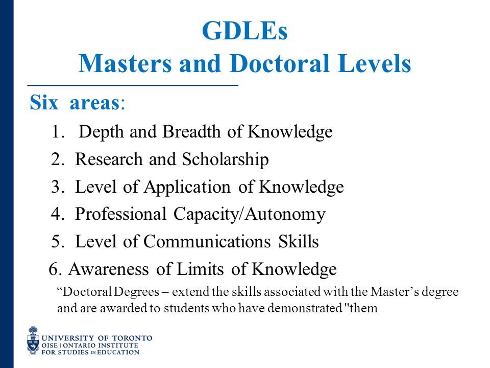 GDLEs Masters and Doctoral Levels Six areas: 1.Depth and Breadth of Knowledge 2.