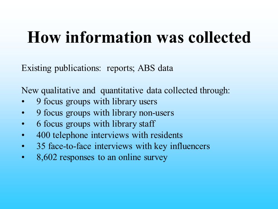 How information was collected Existing publications: reports; ABS data New qualitative and quantitative data collected through: 9 focus groups with library users 9 focus groups with library non-users 6 focus groups with library staff 400 telephone interviews with residents 35 face-to-face interviews with key influencers 8,602 responses to an online survey