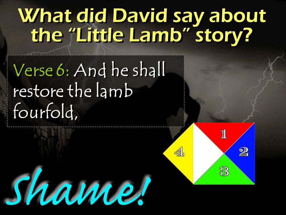 What did David say about the Little Lamb story Verse 6: And he shall restore the lamb fourfold,