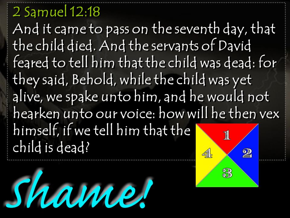 2 Samuel 12:18 And it came to pass on the seventh day, that the child died.