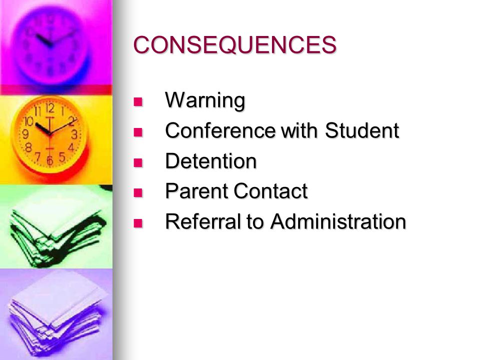 CONSEQUENCES Warning Warning Conference with Student Conference with Student Detention Detention Parent Contact Parent Contact Referral to Administration Referral to Administration