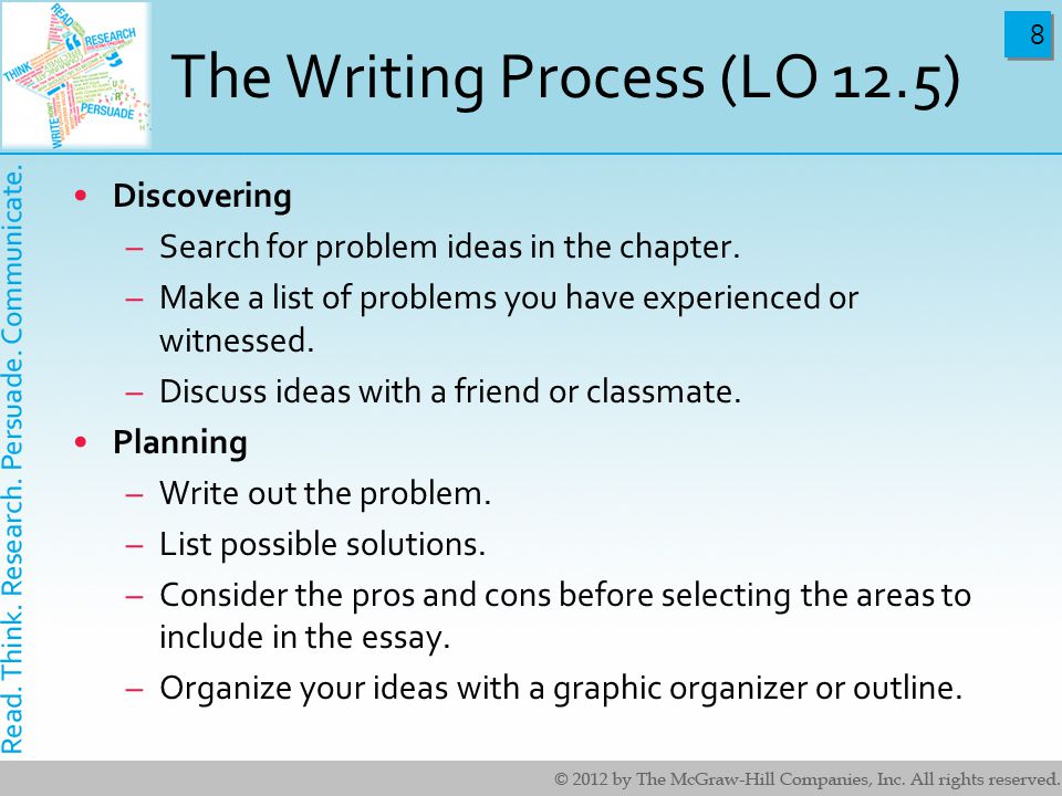 8 8 The Writing Process (LO 12.5) Discovering –Search for problem ideas in the chapter.