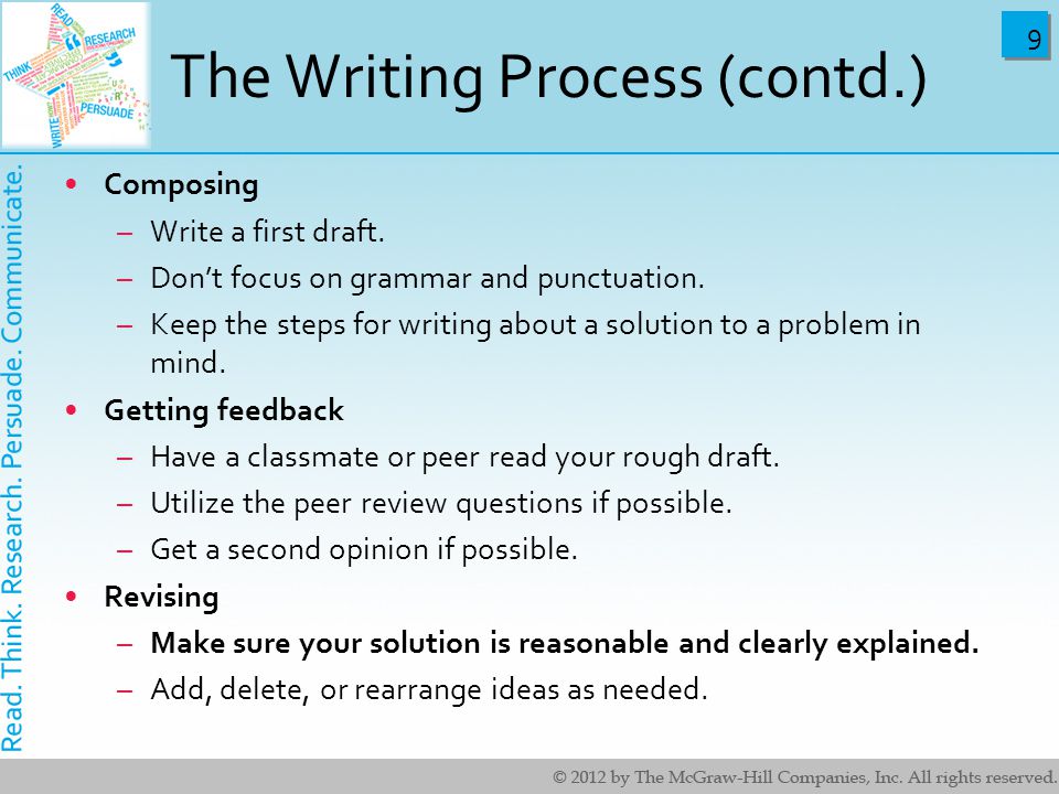 9 9 The Writing Process (contd.) Composing –Write a first draft.
