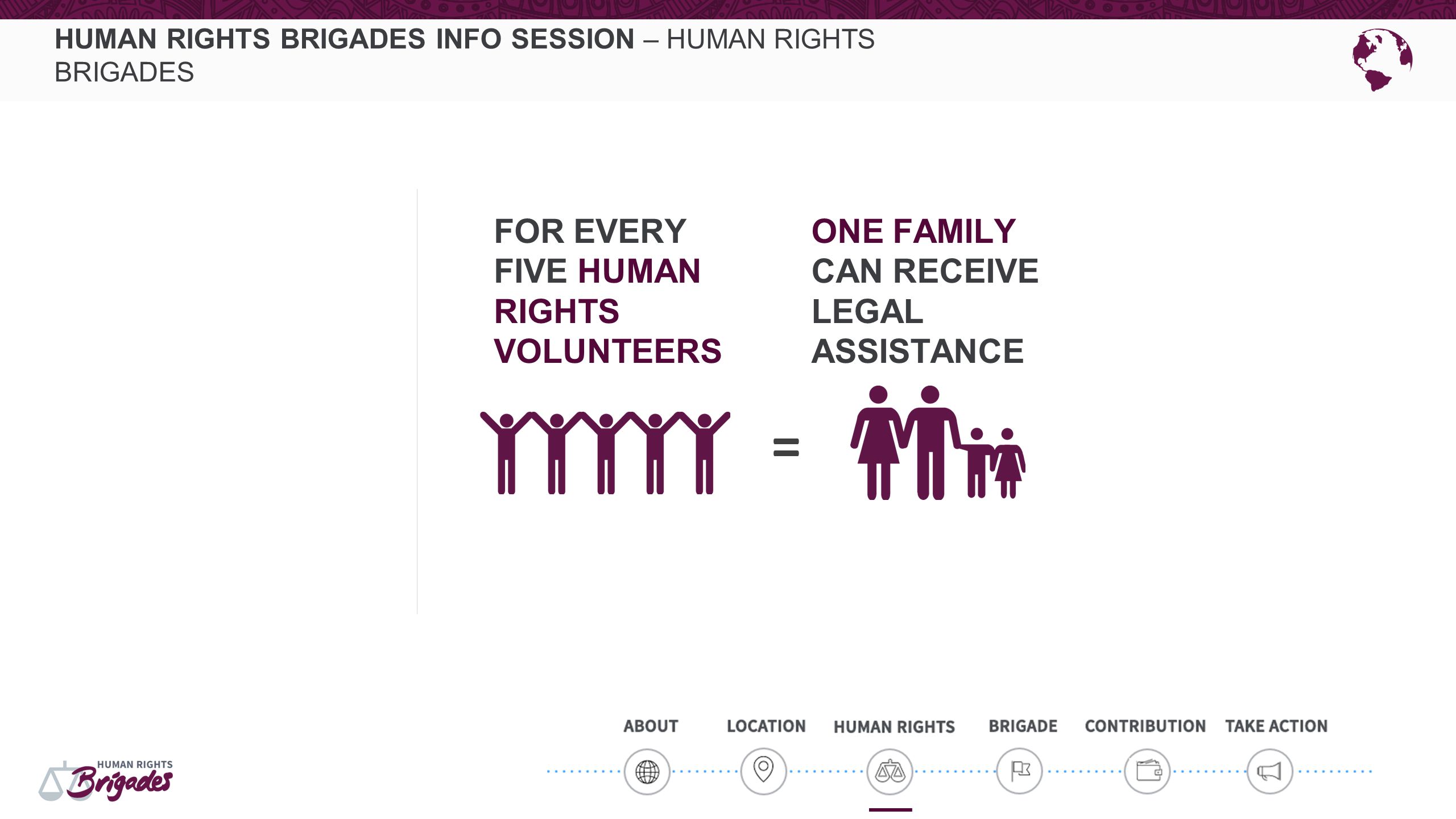 HUMAN RIGHTS BRIGADES INFO SESSION – HUMAN RIGHTS BRIGADES FOR EVERY FIVE HUMAN RIGHTS VOLUNTEERS = ONE FAMILY CAN RECEIVE LEGAL ASSISTANCE