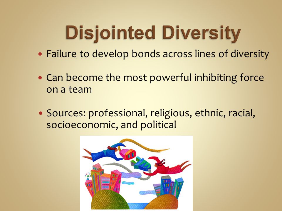 Failure to develop bonds across lines of diversity Can become the most powerful inhibiting force on a team Sources: professional, religious, ethnic, racial, socioeconomic, and political