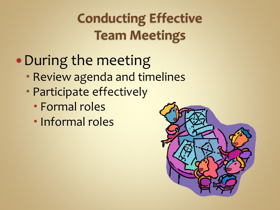 During the meeting  Review agenda and timelines  Participate effectively  Formal roles  Informal roles