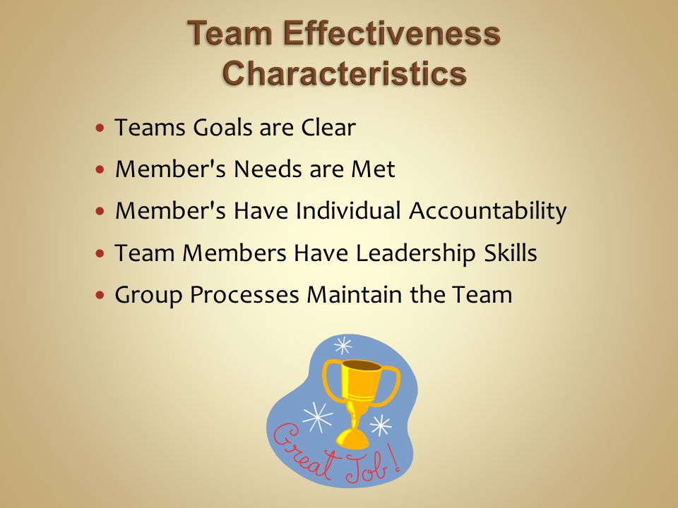 Teams Goals are Clear Member s Needs are Met Member s Have Individual Accountability Team Members Have Leadership Skills Group Processes Maintain the Team