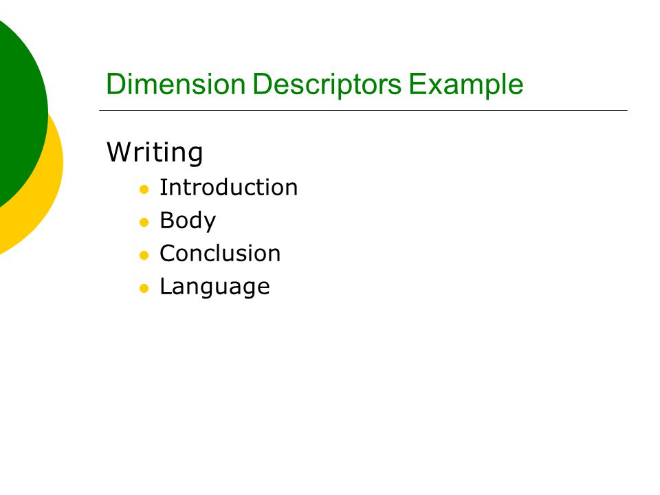 Dimension Descriptors Example Writing Introduction Body Conclusion Language