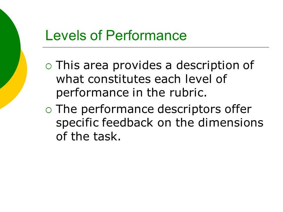 Levels of Performance  This area provides a description of what constitutes each level of performance in the rubric.