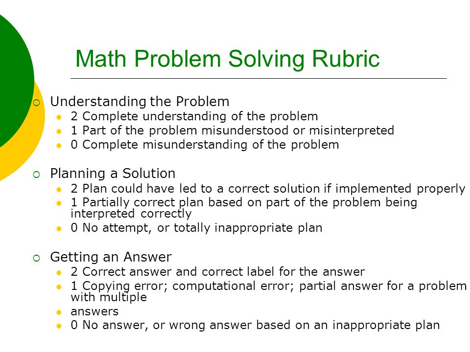 Math Problem Solving Rubric  Understanding the Problem 2 Complete understanding of the problem 1 Part of the problem misunderstood or misinterpreted 0 Complete misunderstanding of the problem  Planning a Solution 2 Plan could have led to a correct solution if implemented properly 1 Partially correct plan based on part of the problem being interpreted correctly 0 No attempt, or totally inappropriate plan  Getting an Answer 2 Correct answer and correct label for the answer 1 Copying error; computational error; partial answer for a problem with multiple answers 0 No answer, or wrong answer based on an inappropriate plan