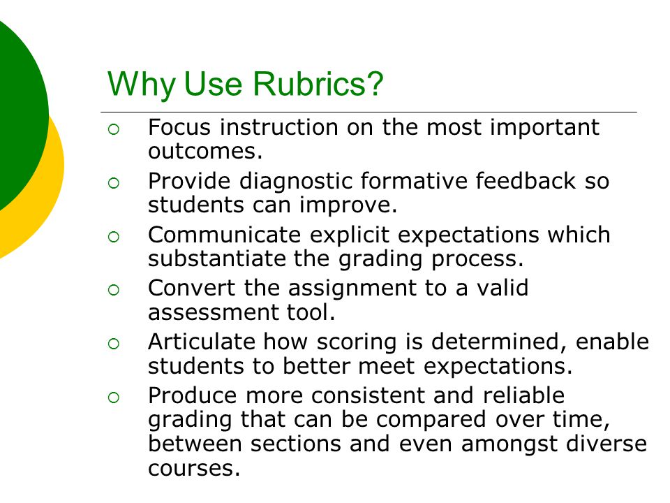 Why Use Rubrics.  Focus instruction on the most important outcomes.