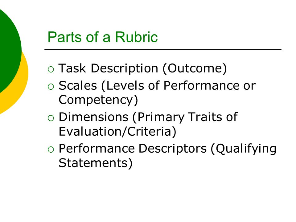 Parts of a Rubric  Task Description (Outcome)  Scales (Levels of Performance or Competency)  Dimensions (Primary Traits of Evaluation/Criteria)  Performance Descriptors (Qualifying Statements)