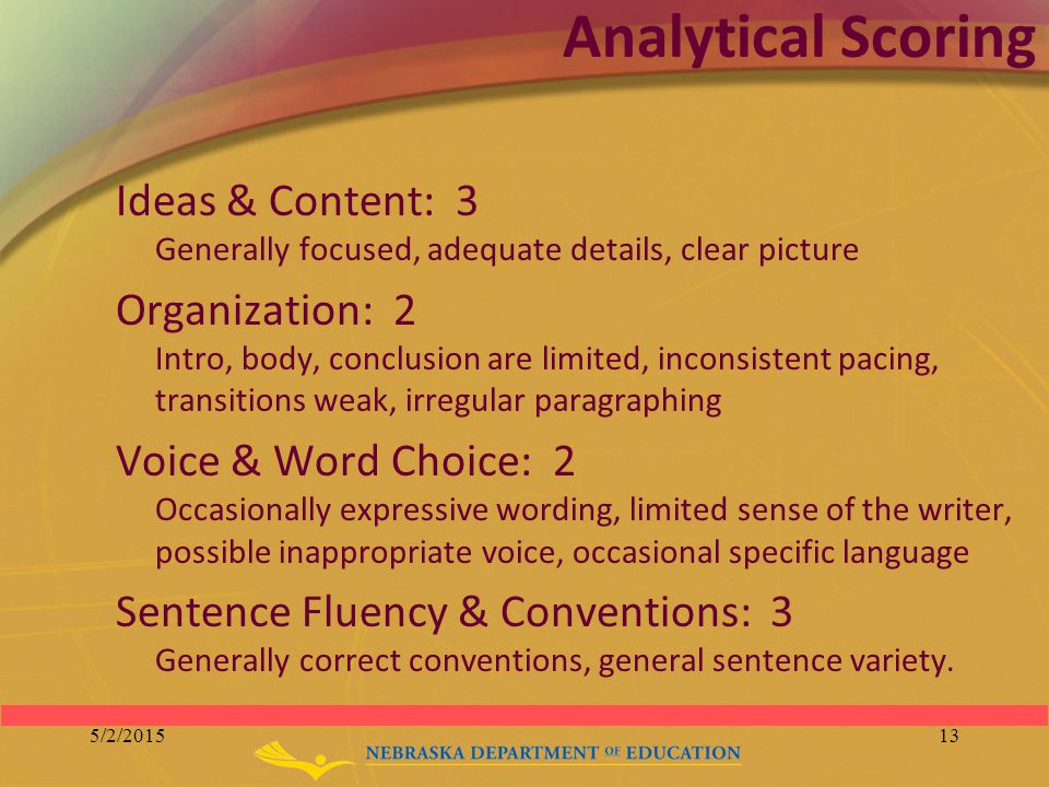 Ideas & Content: 3 Generally focused, adequate details, clear picture Organization: 2 Intro, body, conclusion are limited, inconsistent pacing, transitions weak, irregular paragraphing Voice & Word Choice: 2 Occasionally expressive wording, limited sense of the writer, possible inappropriate voice, occasional specific language Sentence Fluency & Conventions: 3 Generally correct conventions, general sentence variety.