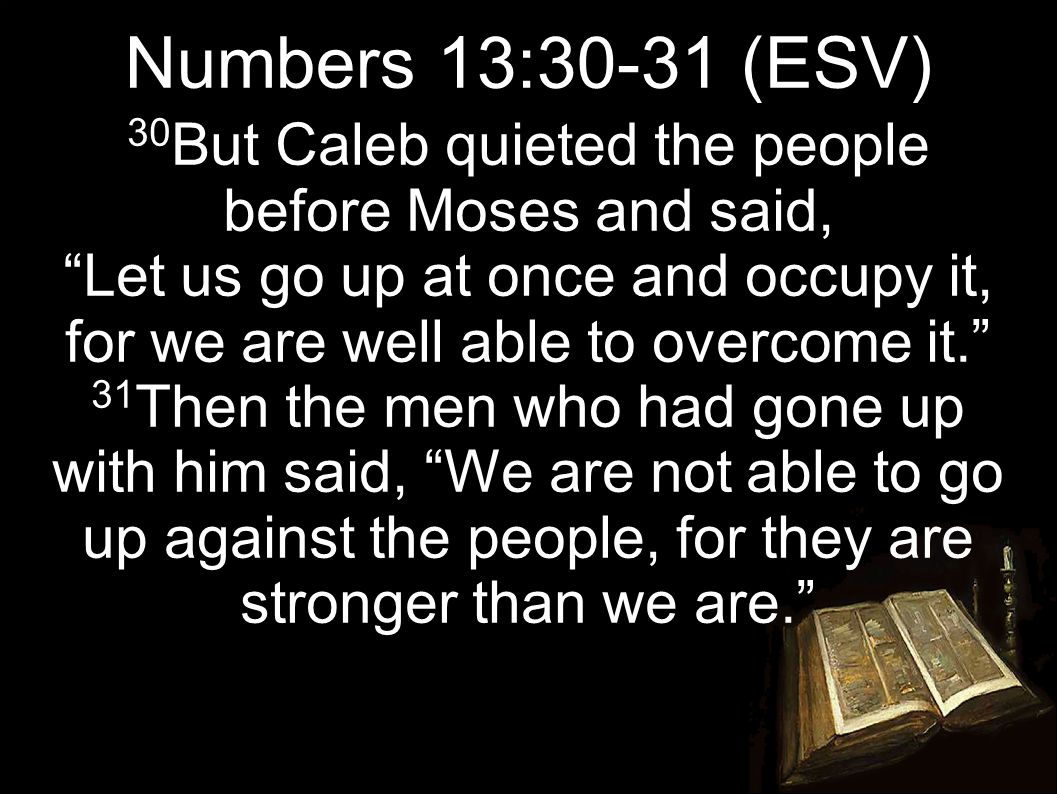 30 But Caleb quieted the people before Moses and said, Let us go up at once and occupy it, for we are well able to overcome it. 31 Then the men who had gone up with him said, We are not able to go up against the people, for they are stronger than we are. Numbers 13:30-31 (ESV)