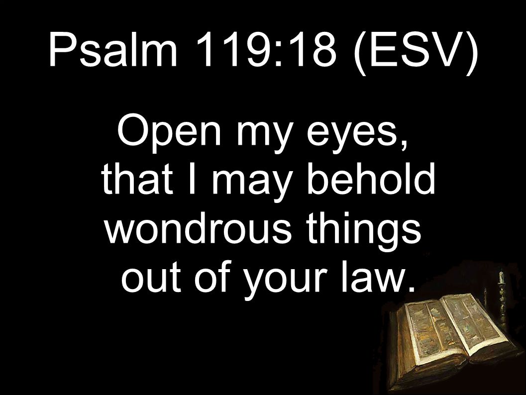 Psalm 119:18 (ESV) Open my eyes, that I may behold wondrous things out of your law.