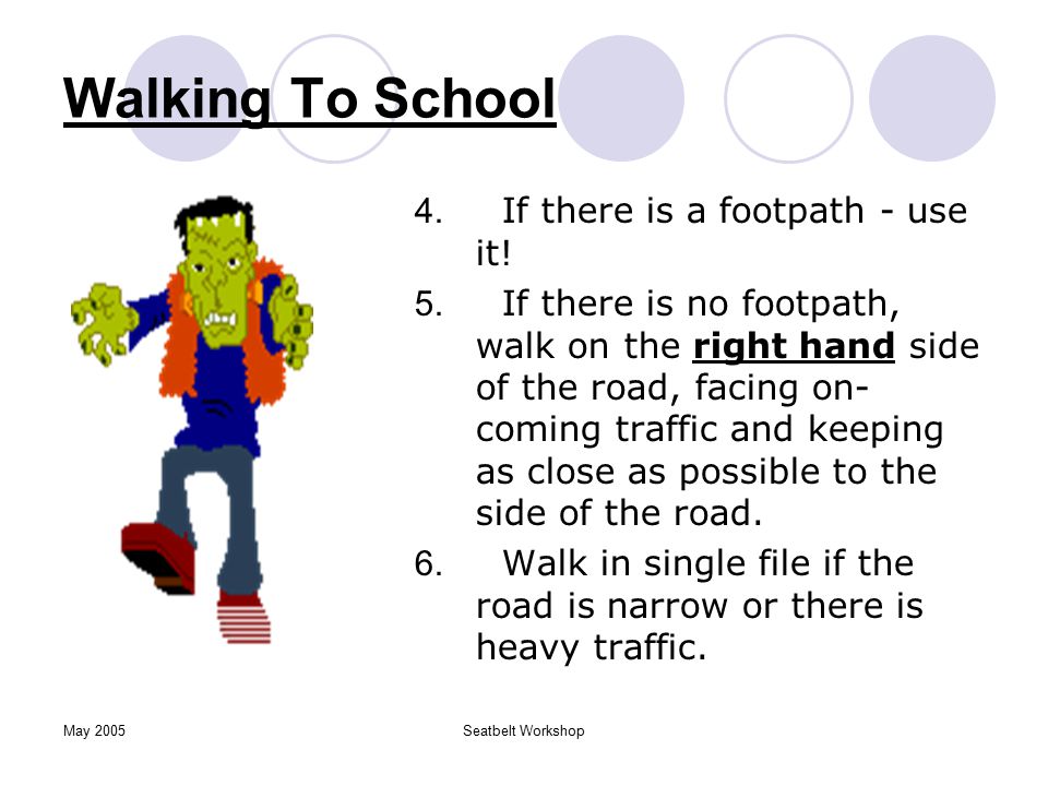 May 2005Seatbelt Workshop Walking To School 1. Stop, look and listen.