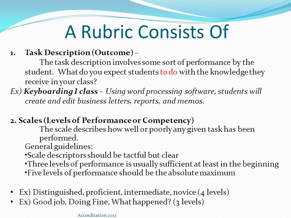 A Rubric Consists Of 1.Task Description (Outcome) – The task description involves some sort of performance by the student.