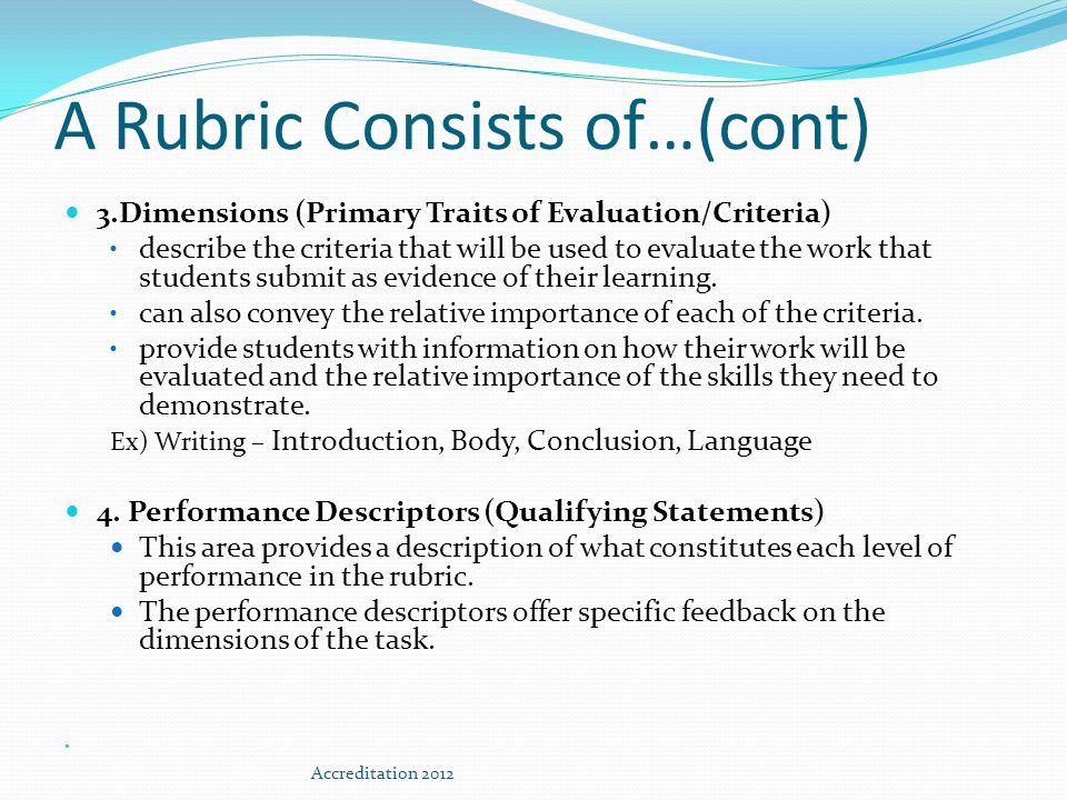 A Rubric Consists of…(cont) 3.Dimensions (Primary Traits of Evaluation/Criteria) describe the criteria that will be used to evaluate the work that students submit as evidence of their learning.