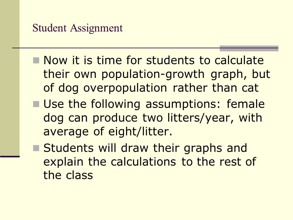Student Assignment Now it is time for students to calculate their own population-growth graph, but of dog overpopulation rather than cat Use the following assumptions: female dog can produce two litters/year, with average of eight/litter.
