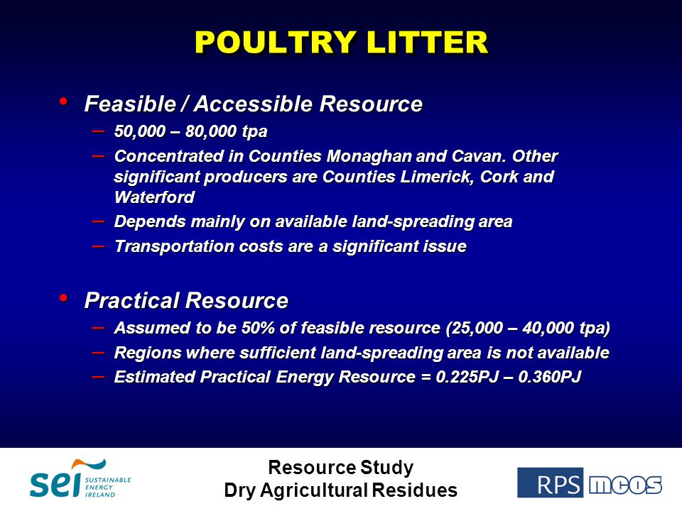 Resource Study Dry Agricultural Residues POULTRY LITTER Feasible / Accessible Resource Feasible / Accessible Resource – 50,000 – 80,000 tpa – Concentrated in Counties Monaghan and Cavan.