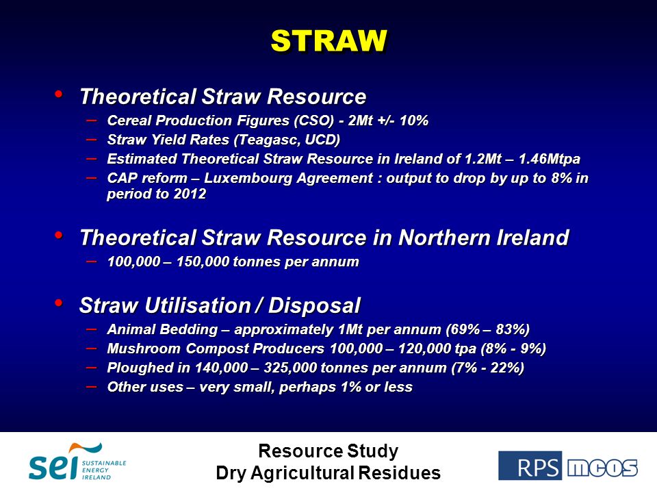 Resource Study Dry Agricultural ResiduesSTRAWSTRAW Theoretical Straw Resource Theoretical Straw Resource – Cereal Production Figures (CSO) - 2Mt +/- 10% – Straw Yield Rates (Teagasc, UCD) – Estimated Theoretical Straw Resource in Ireland of 1.2Mt – 1.46Mtpa – CAP reform – Luxembourg Agreement : output to drop by up to 8% in period to 2012 Theoretical Straw Resource in Northern Ireland Theoretical Straw Resource in Northern Ireland – 100,000 – 150,000 tonnes per annum Straw Utilisation / Disposal Straw Utilisation / Disposal – Animal Bedding – approximately 1Mt per annum (69% – 83%) – Mushroom Compost Producers 100,000 – 120,000 tpa (8% - 9%) – Ploughed in 140,000 – 325,000 tonnes per annum (7% - 22%) – Other uses – very small, perhaps 1% or less