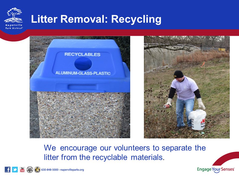 Litter Removal: Recycling We encourage our volunteers to separate the litter from the recyclable materials.