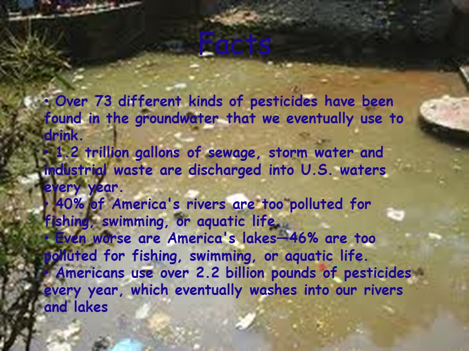 Facts Over 73 different kinds of pesticides have been found in the groundwater that we eventually use to drink.