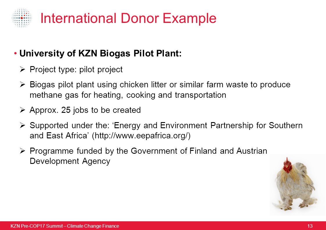 KZN Pre-COP17 Summit – Climate Change Finance13 International Donor Example University of KZN Biogas Pilot Plant:  Project type: pilot project  Biogas pilot plant using chicken litter or similar farm waste to produce methane gas for heating, cooking and transportation  Approx.